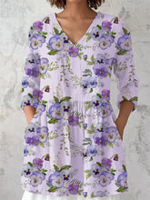 Frauen Alzheimer-Bewusstsein Lila Blumen druck V-Ausschnitt Baumwolle und Leinen Langarm-Shirt